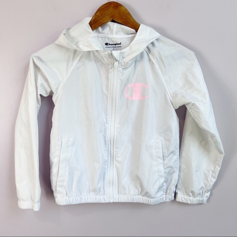 CHAMPION Girls White Hooded Logo Windbreaker Rain Jacket Pastel Logo Small